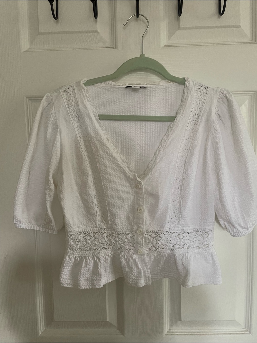 Topshop White Lace-Trim Button Front Peplum Blouse